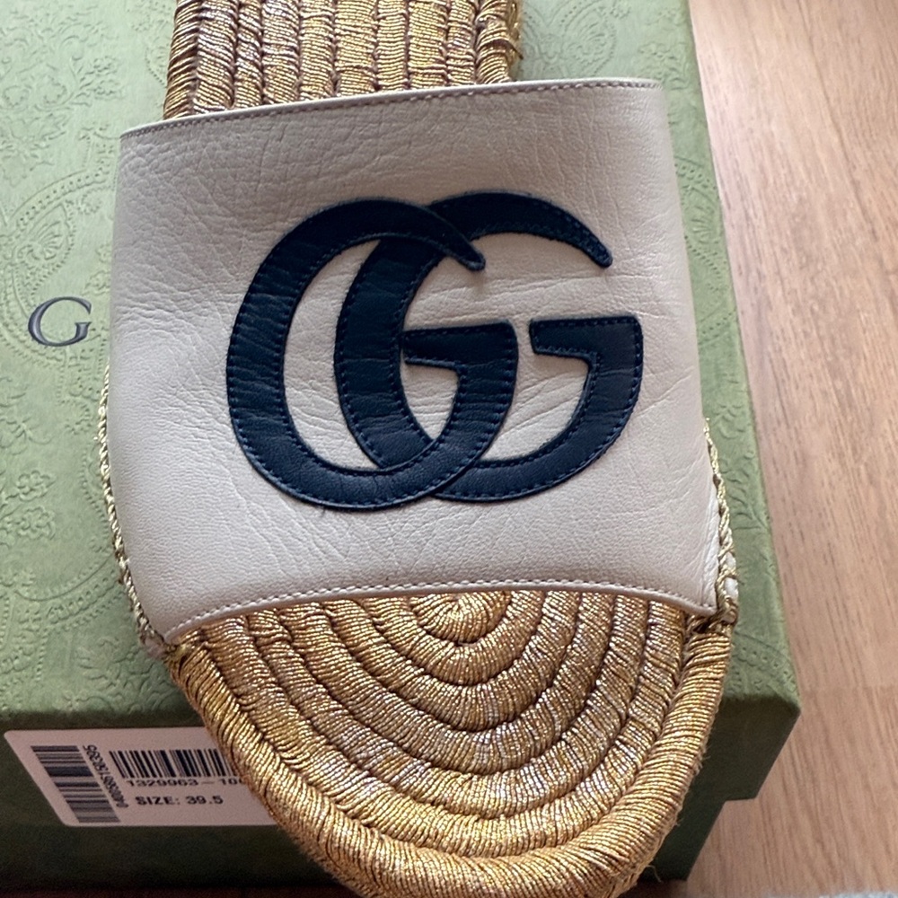 Gucci Women's Cream and Navy Blue Espadrille Slides - Picture 3 of 10